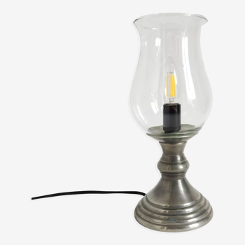 Vintage lamp consisting of a glass tulip-shaped fireplace and a pewter foot
