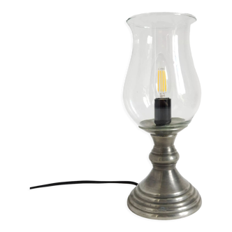 Vintage lamp consisting of a glass tulip-shaped fireplace and a pewter foot