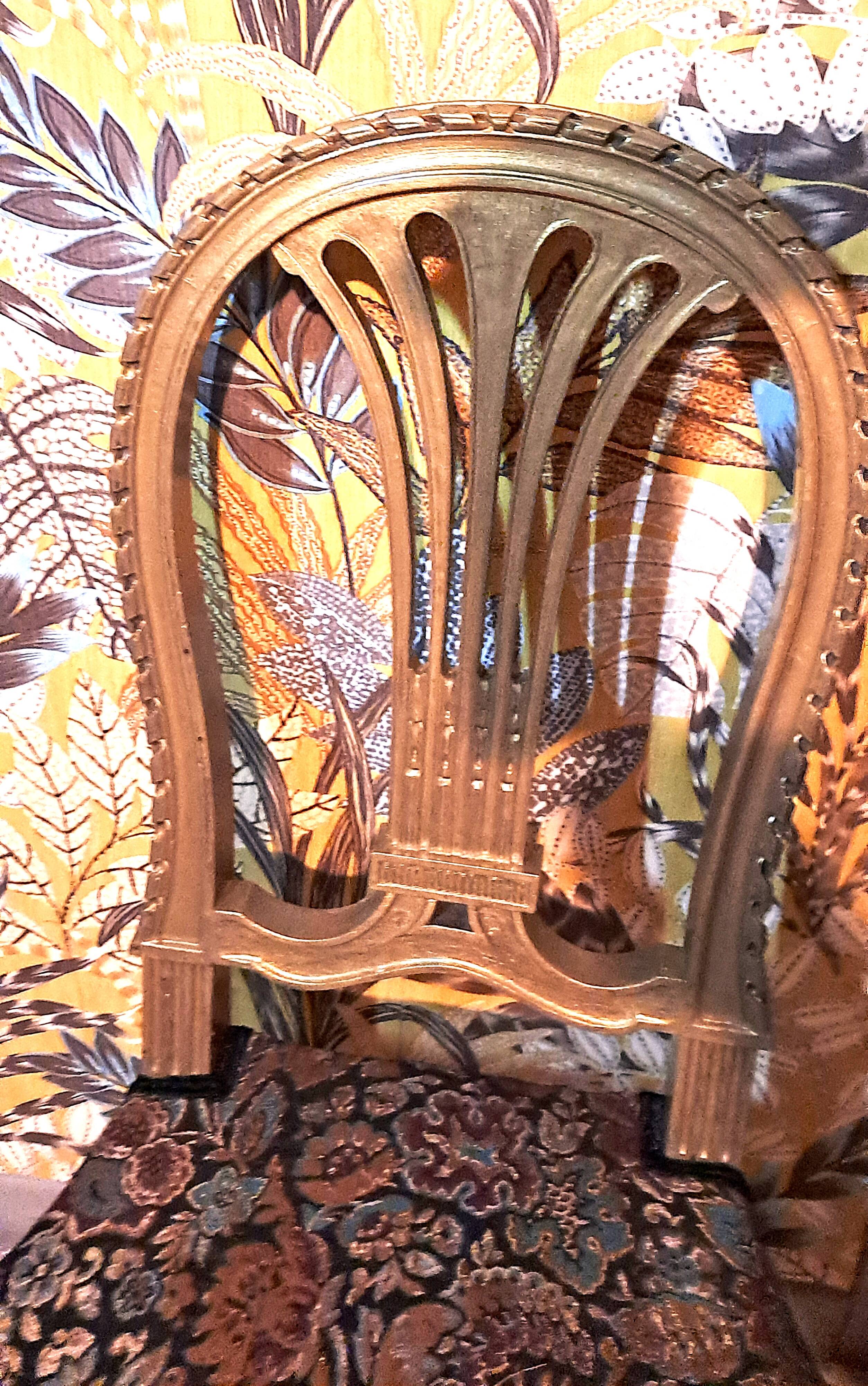 Napoleon III chairs, gilded wood, upholstered in damask fabric