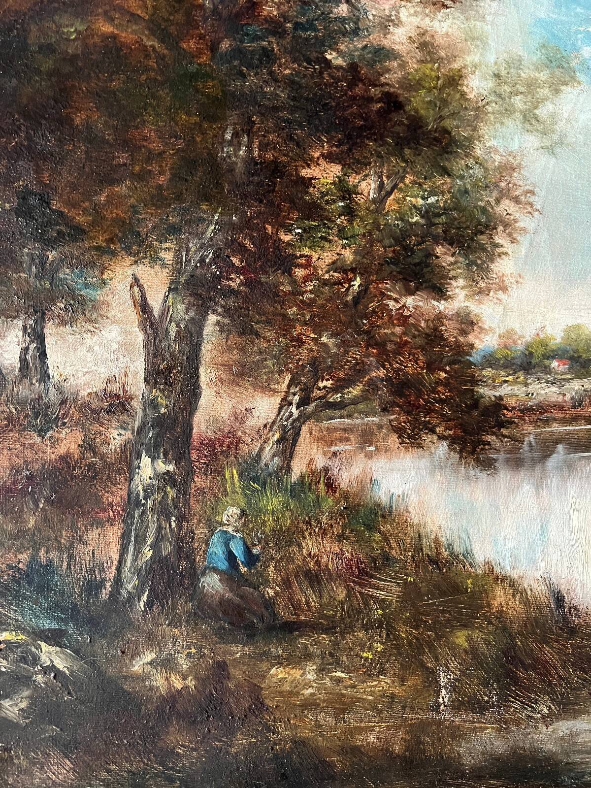 Tableau HST "Animated Lakeside Landscape" by Barbizon school, signed Décharme.