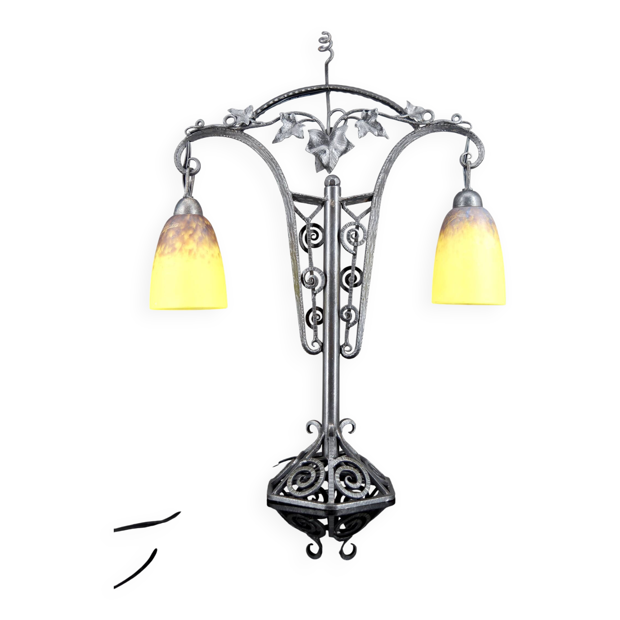 Important Double-Headed Lamp, Wrought Iron by Schneider, France, c. 1920