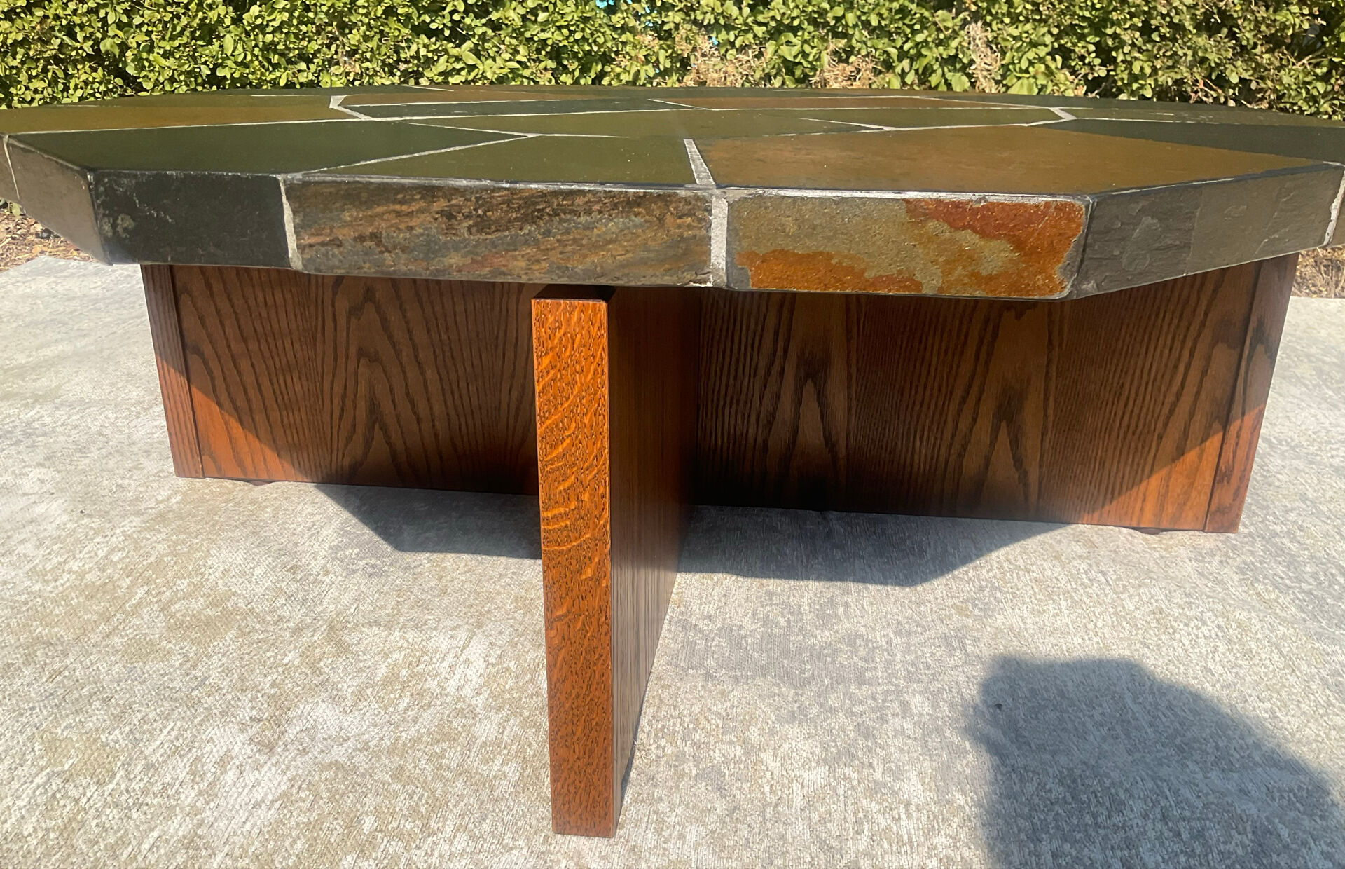 Brutalist octagonal coffee table from the 1970s in solid oak and slate.