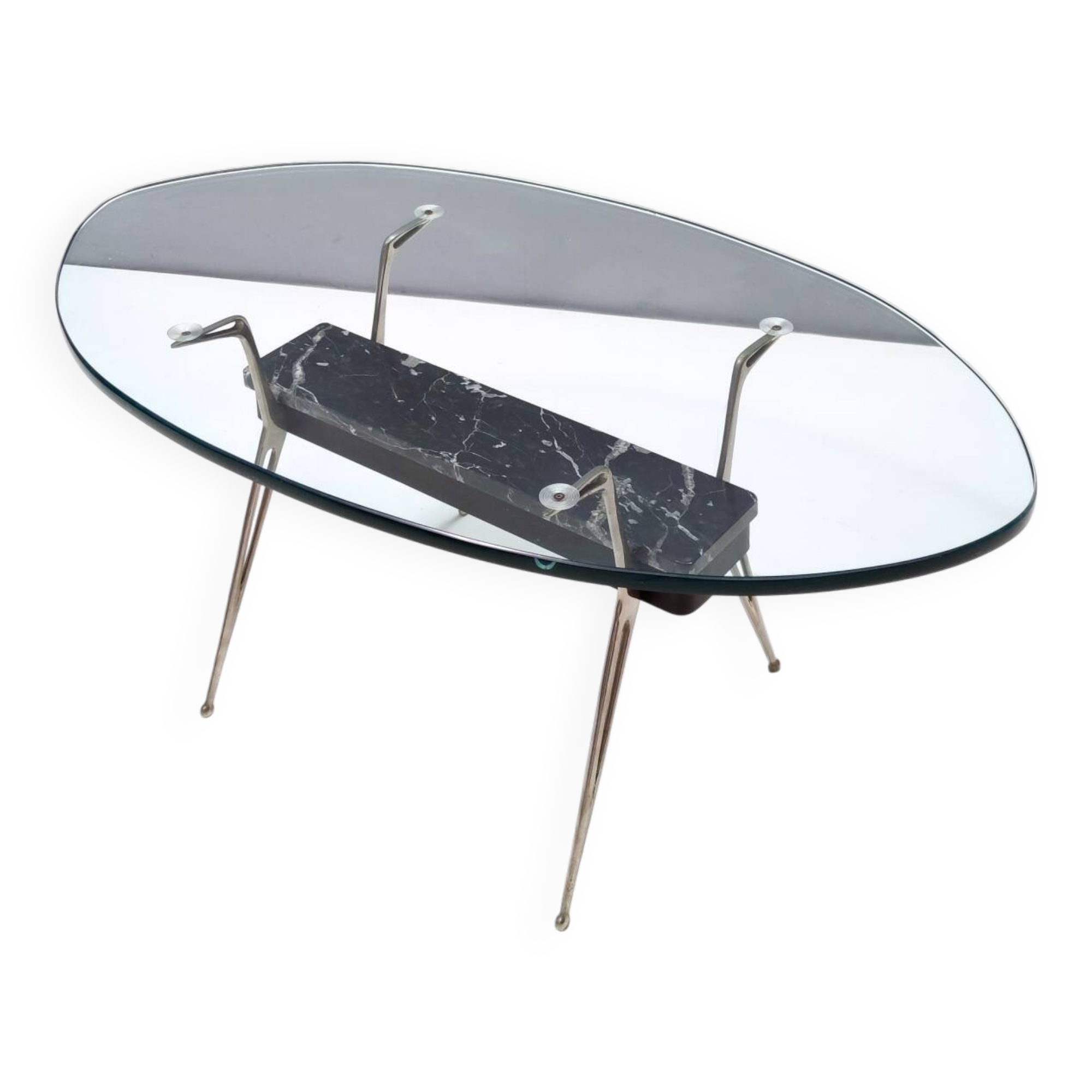 Oval Glass Coffee Table with Portoro Marble and Iron Base, Italy