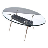 Table basse ovale en verre, marbre Portoro et fer, Italie 1950