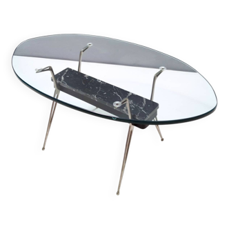 Table basse ovale en verre, marbre Portoro et fer, Italie 1950