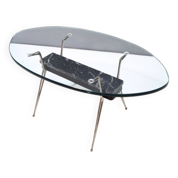 Table basse ovale en verre, marbre Portoro et fer, Italie 1950