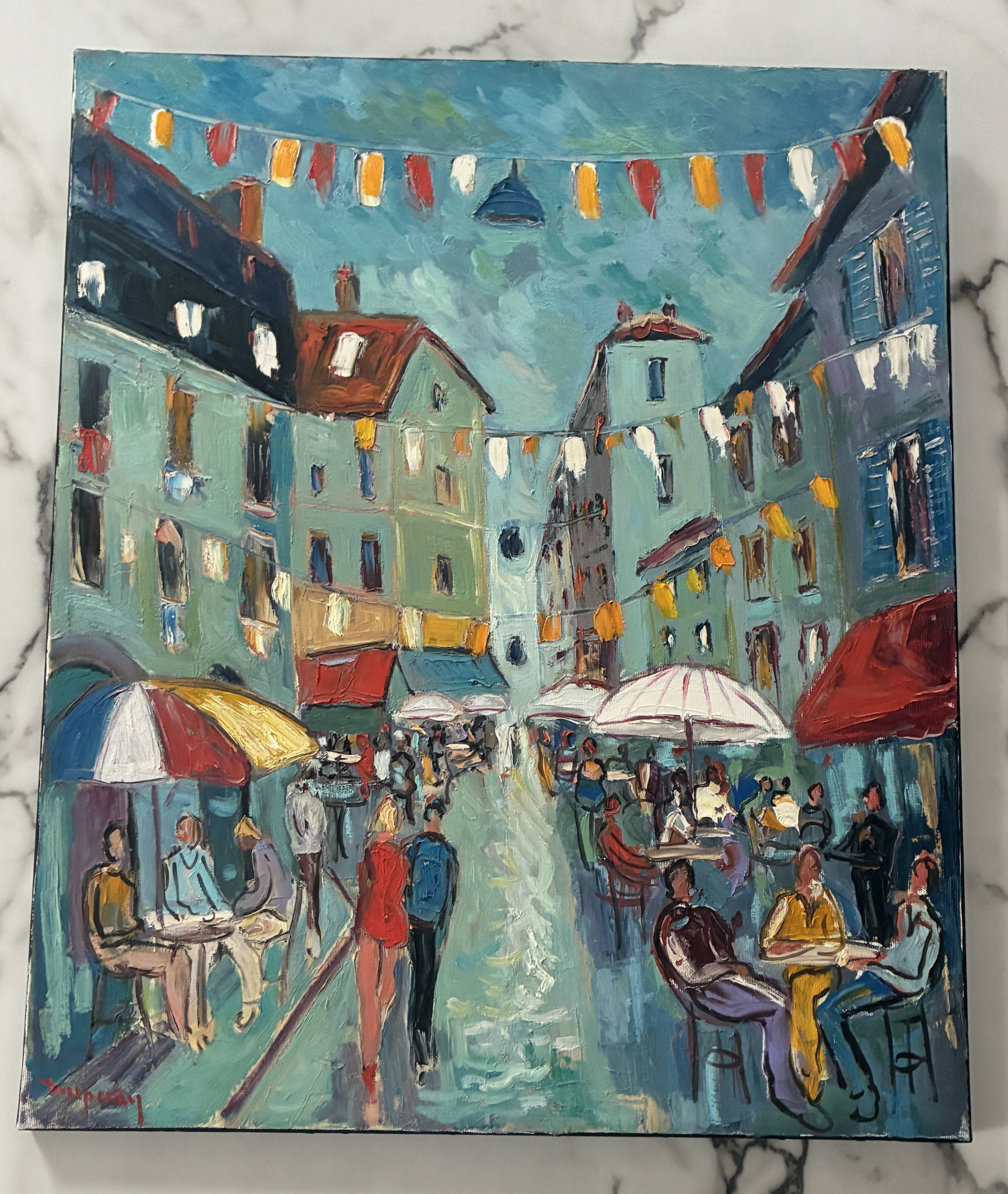 Large Oil on Canvas Alain Duperay Café Terraces 14 July