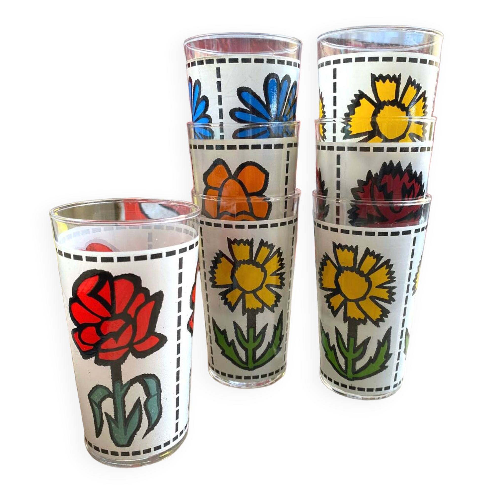 Set of 7 vintage enameled and screen-printed glasses 60/70