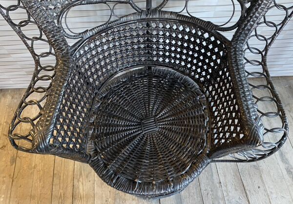 Fauteuil Emmanuelle, queue de paon (peacock), rotin, wengé, vintage, années 70