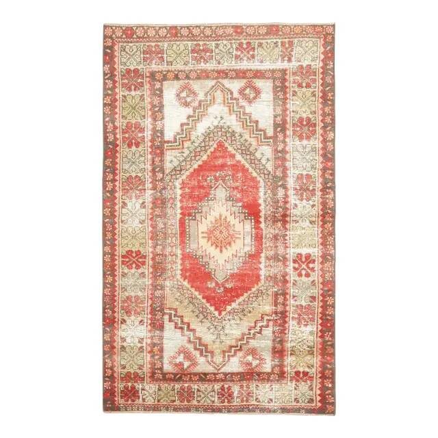 1970s Vintage Turkish Hand-Knotted Wool Cotton Red Area Rug 110x186