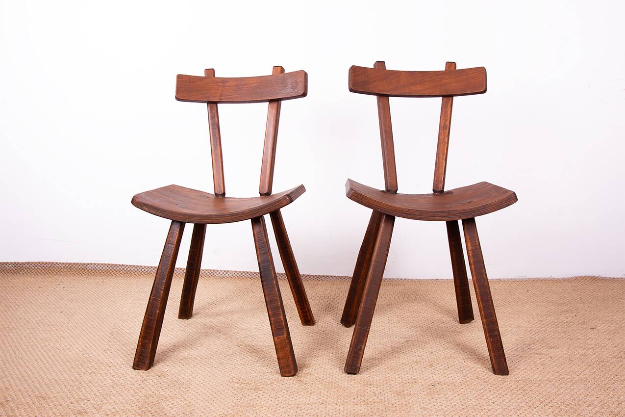 Brutalist pair of chairs in Elm in the style of Jean Touret 1950.