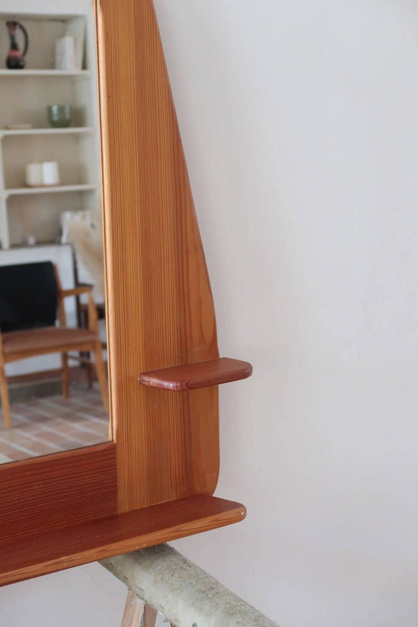 Wall mirror with a solid pine frame, integrated shelf.