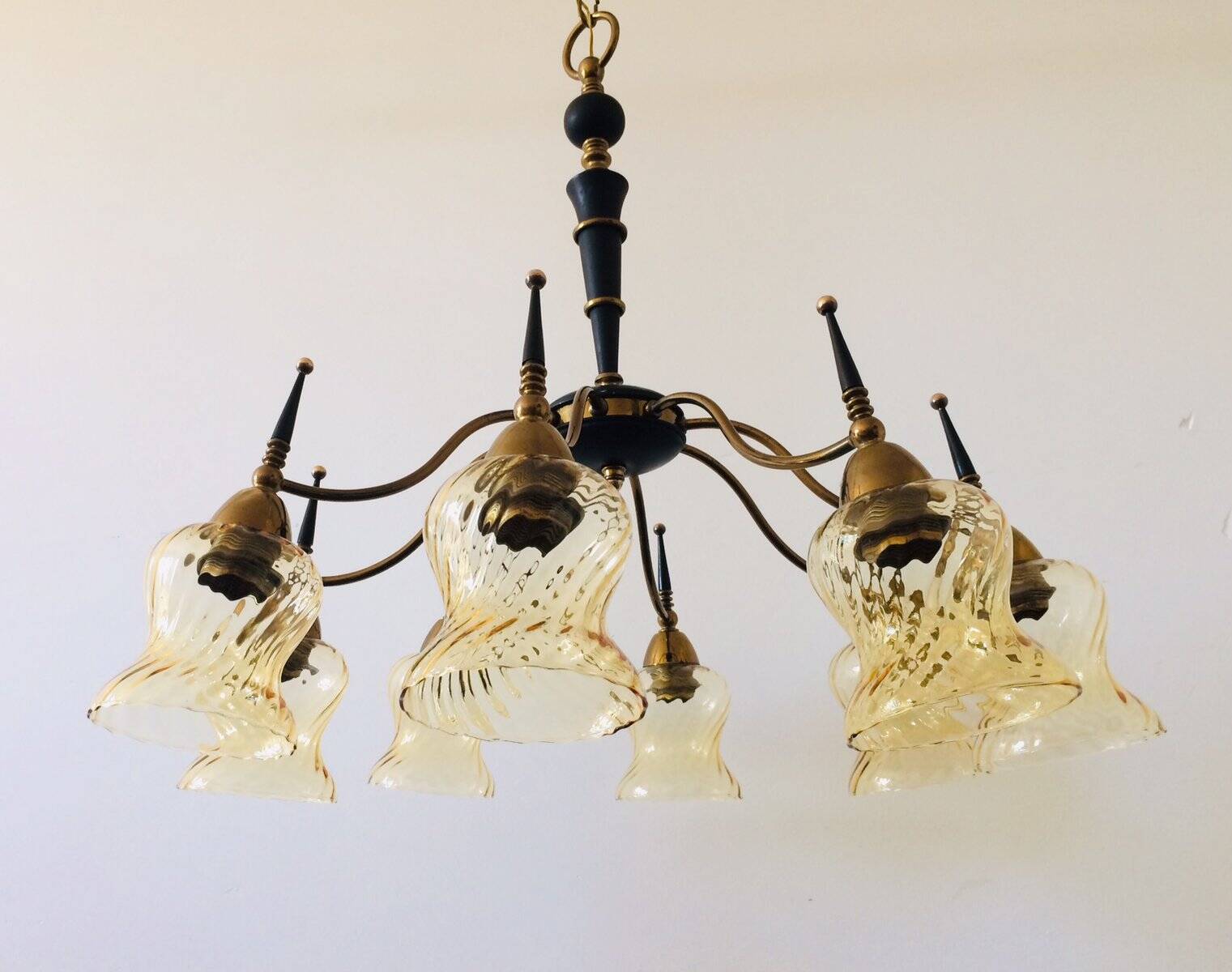 Atomic Age Design Brass and Glass Chandelier, 1950s