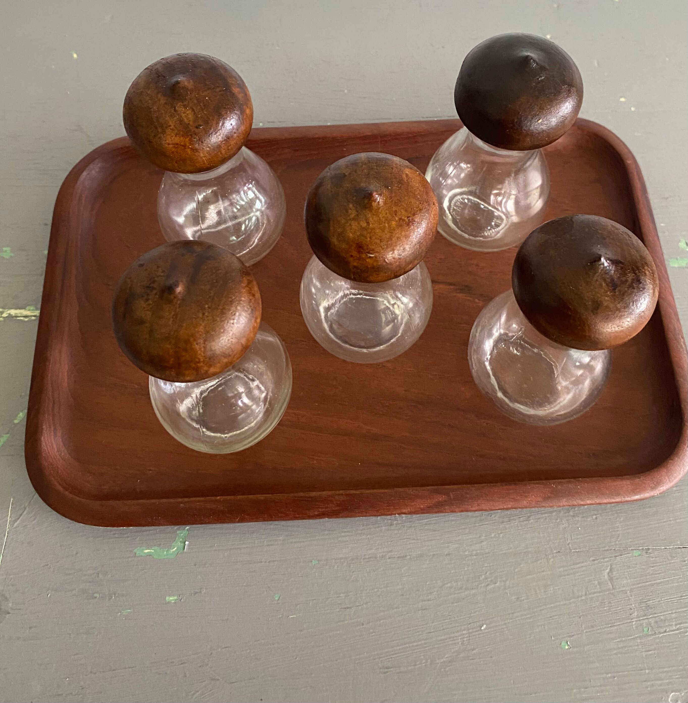 Set of glass and wood spice jars