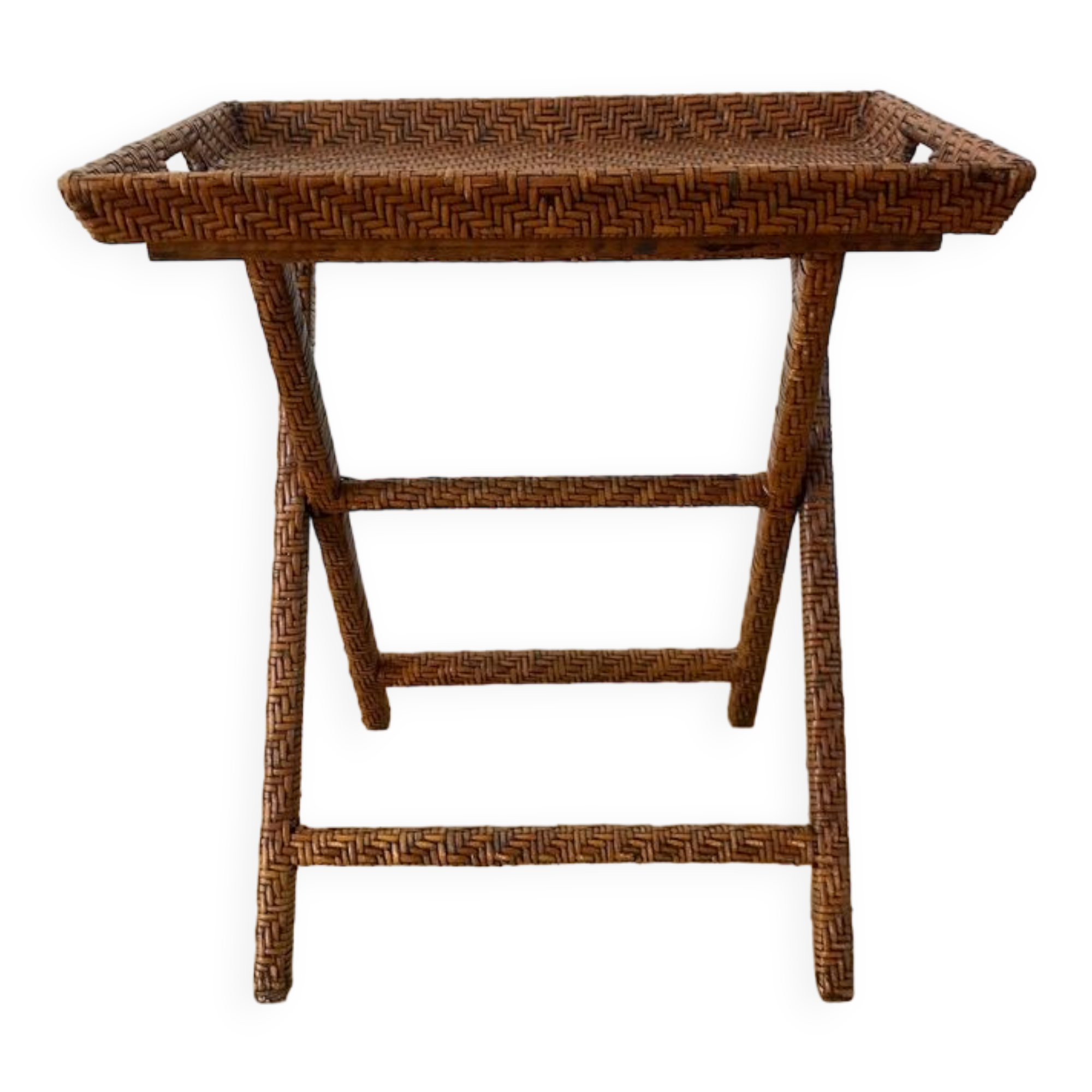 Rattan console exotic wood vintage removable tray 70s