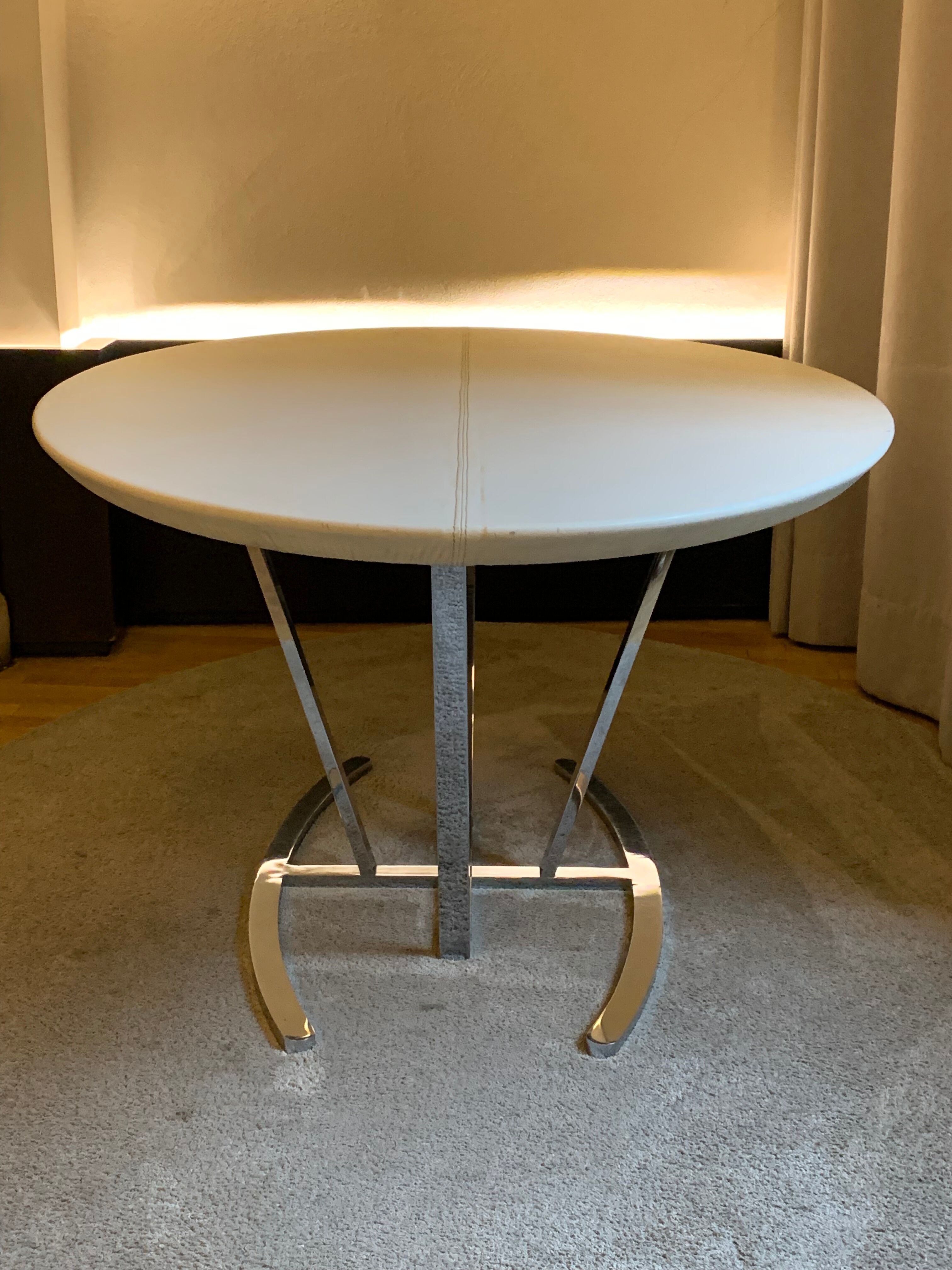 Oval tables white leather and stainless steel matrix with central stitching