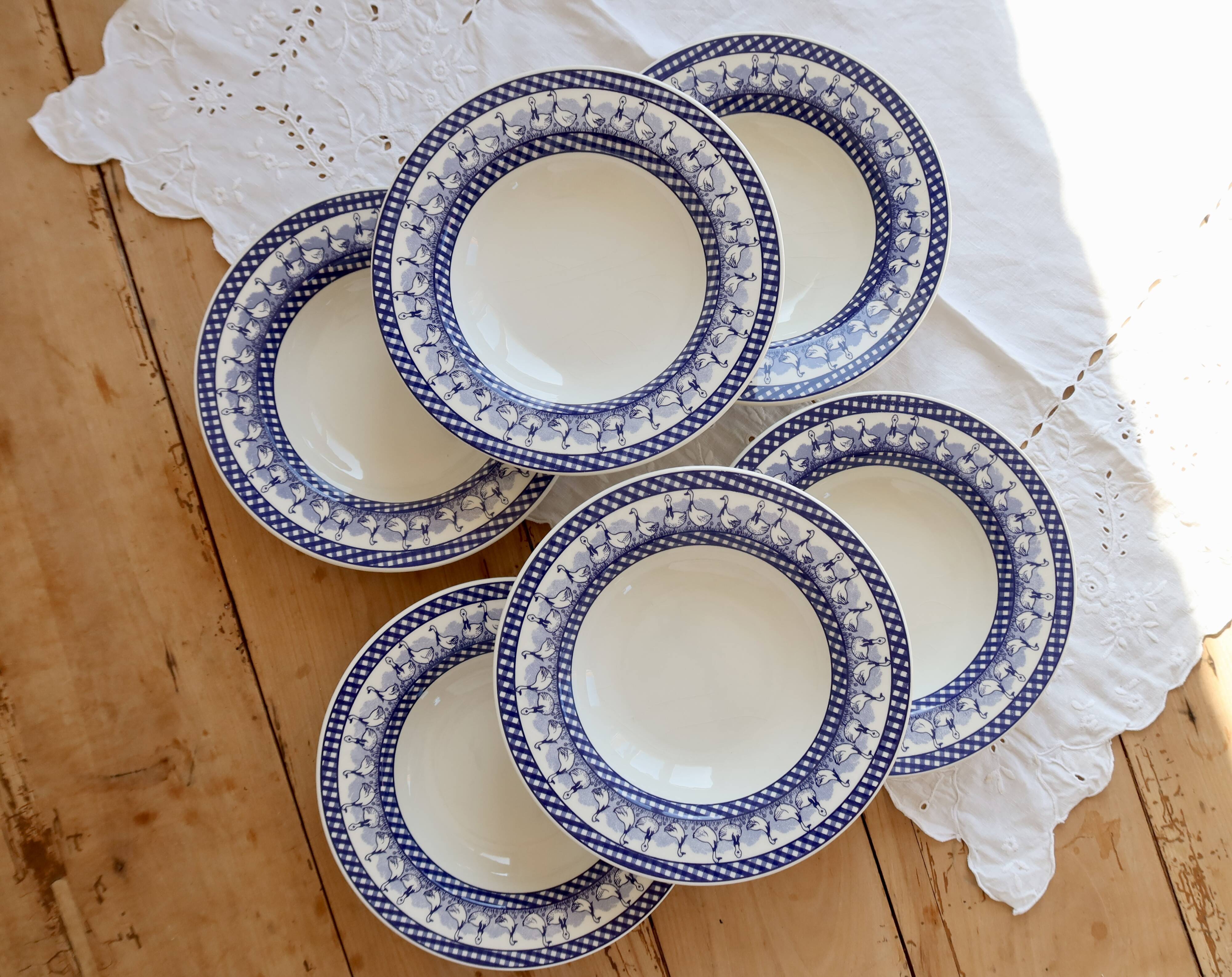 6 vintage deep plates with blue goose vichy decor