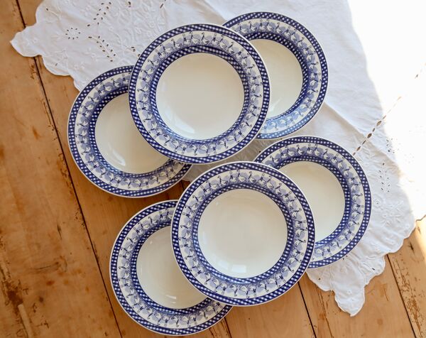 6 assiettes creuses vintage décor vichy oies bleues