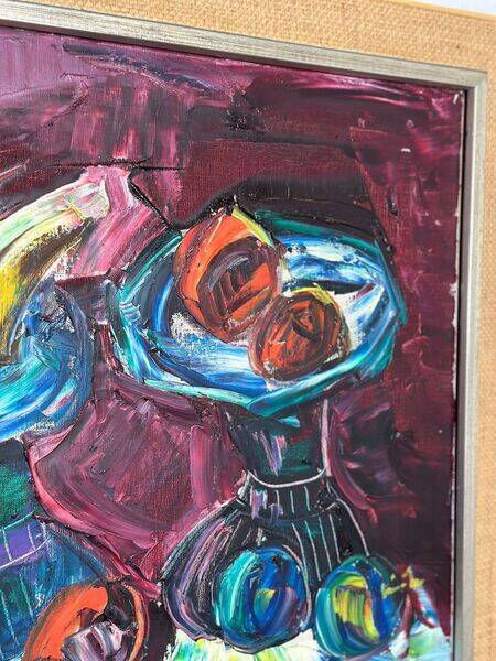 Original mid-century European oil on canvas – “Still Life” by Roy – dated 1969 – vintage & framed – 75 × 64 cm (29.5" × 25.2")