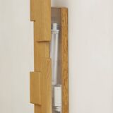Pair of handcrafted Modernist wall lights in solid wood (oak) Circa 1980