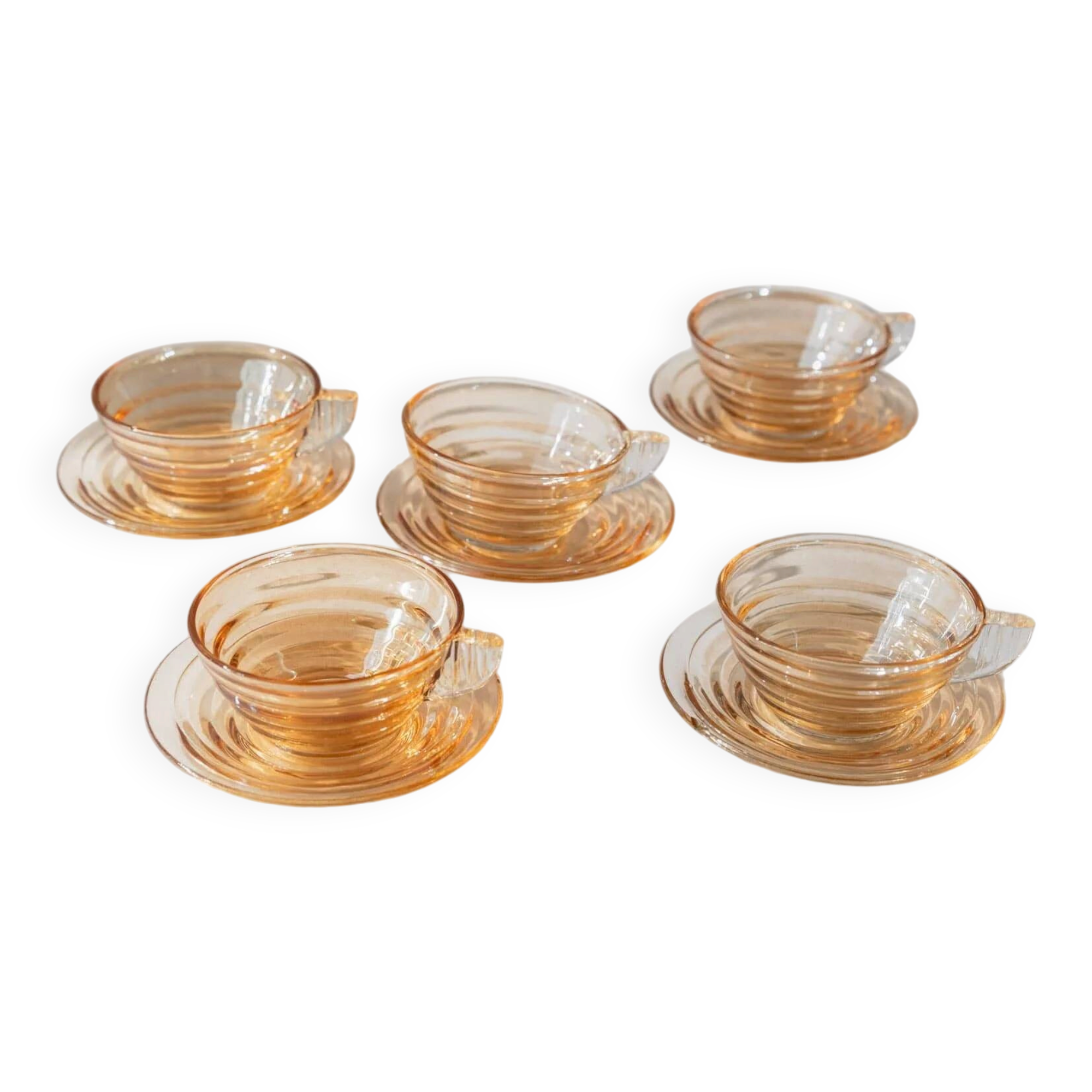 Vintage 1950s glass coffee cups, set of 5, iridescent peach ribbed glass with saucers, Italian design Gondolo.