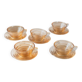 Vintage 1950s glass coffee cups, set of 5, iridescent peach ribbed glass with saucers, Italian design Gondolo.