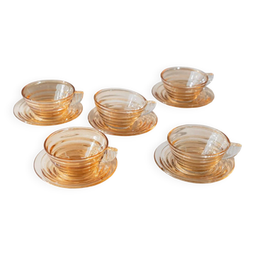 Vintage 1950s glass coffee cups, set of 5, iridescent peach ribbed glass with saucers, Italian design Gondolo.