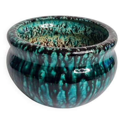 Coupe en grès émaillé turquoise et noir – signée Accolay