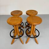 Set of 4 solid elm wood bar stools, vintage 70s design
