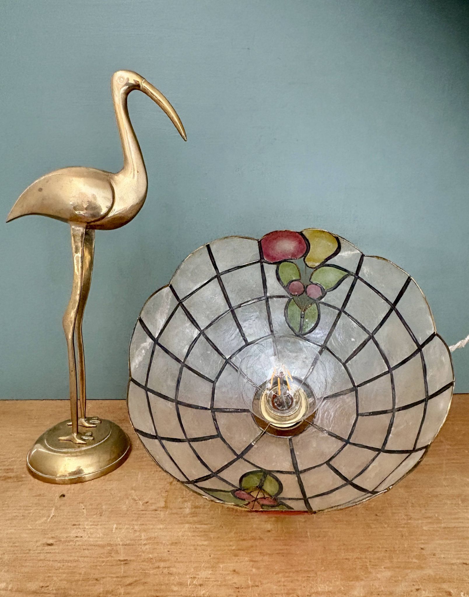 Vintage mother-of-pearl and brass pendant lampshade with fruit decorations