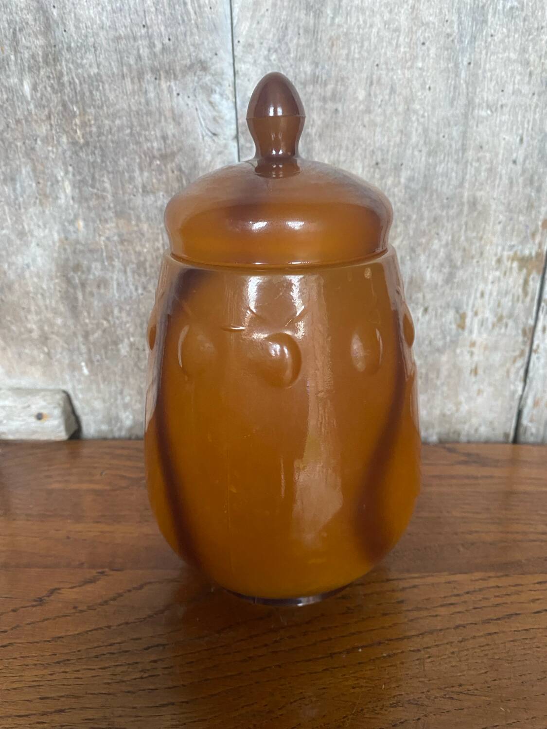 Antique Orange Marbled Glass Jar Pot + Vintage Kitchen Lid #B721
