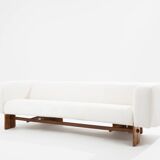Italian Brutalist sofa in walnut and chenille velvet circa 1960