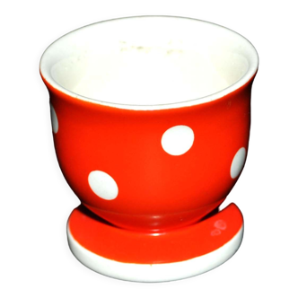 Vintage coquetier in red earthenware with white polka dots - retro kitchen decoration