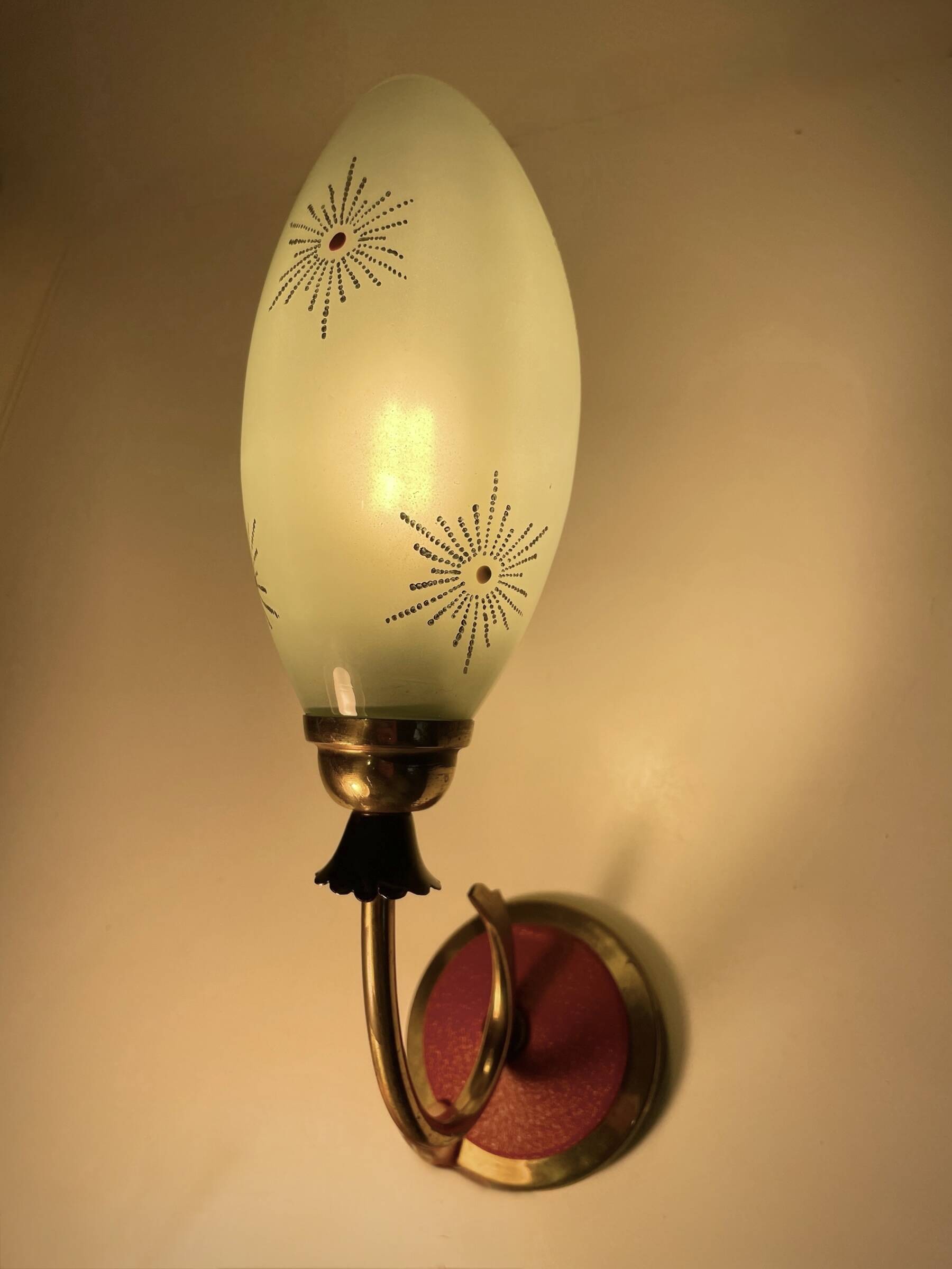 Vintage Mid Century Space Age brass & green opaline wall light Lunel