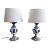 Pair of French Vintage Nightstand Lamps – Hand-Painted Porcelain & Pewter
