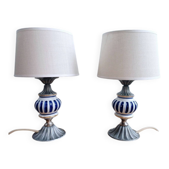 Pair of French Vintage Nightstand Lamps – Hand-Painted Porcelain & Pewter