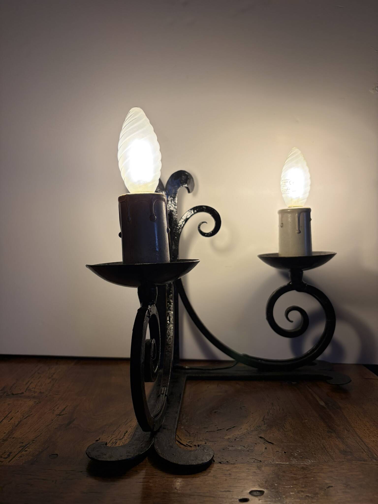 Vintage black wrought iron wall sconce with 2 lights – 1950s/60s
