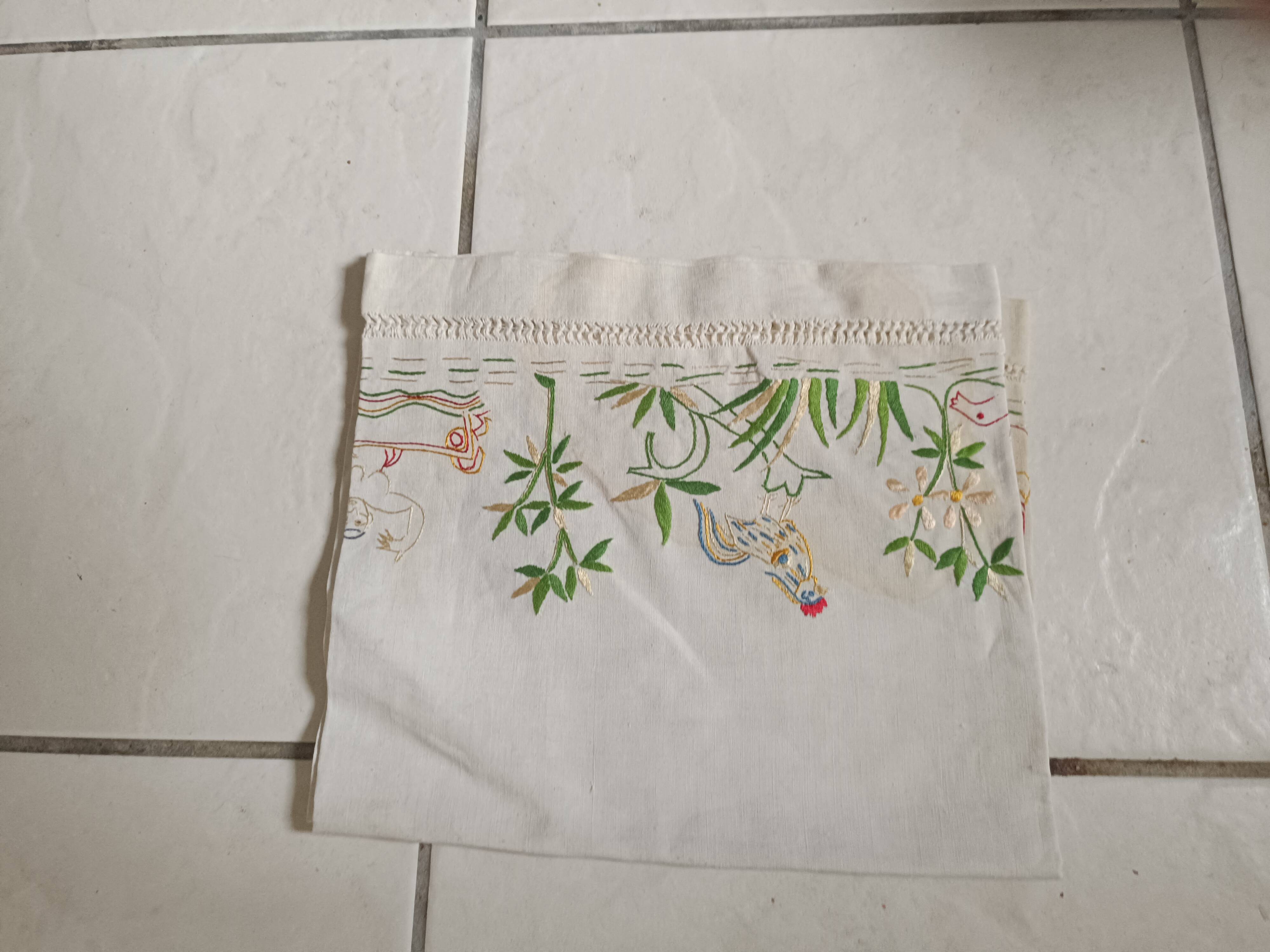 Hand embroidered centerpiece tablecloth. Rooster pattern.