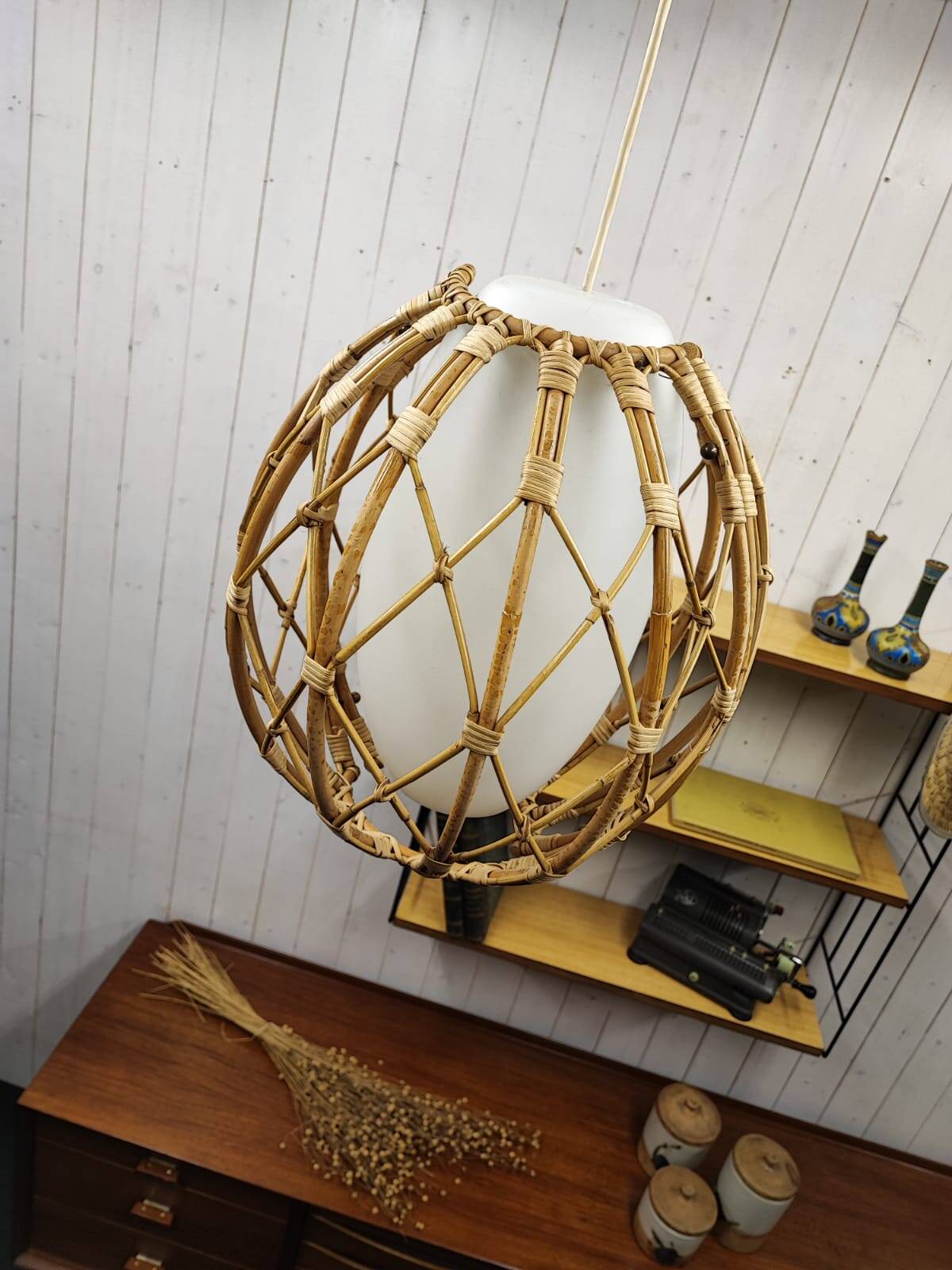 Vintage rattan and opaline pendant light