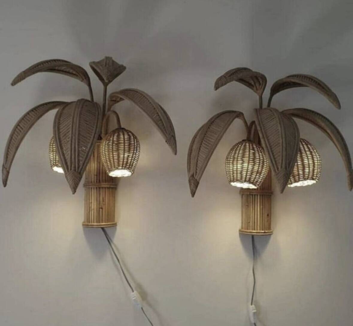 Pair of "coconut/palm" wall lights in rattan