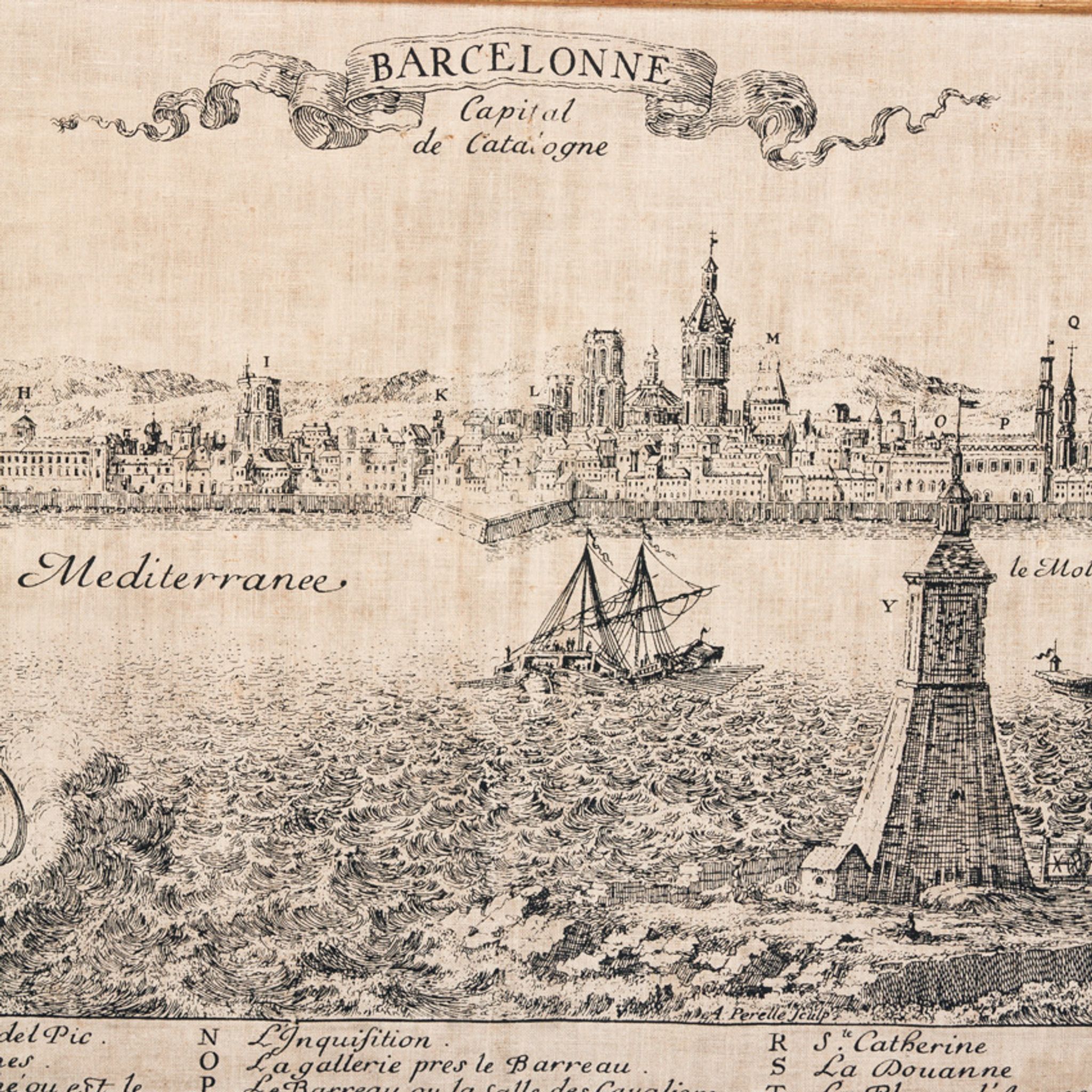 Serigraphy on canvas of Barcelona vintage reproduction of an engraving of the eighteenth century