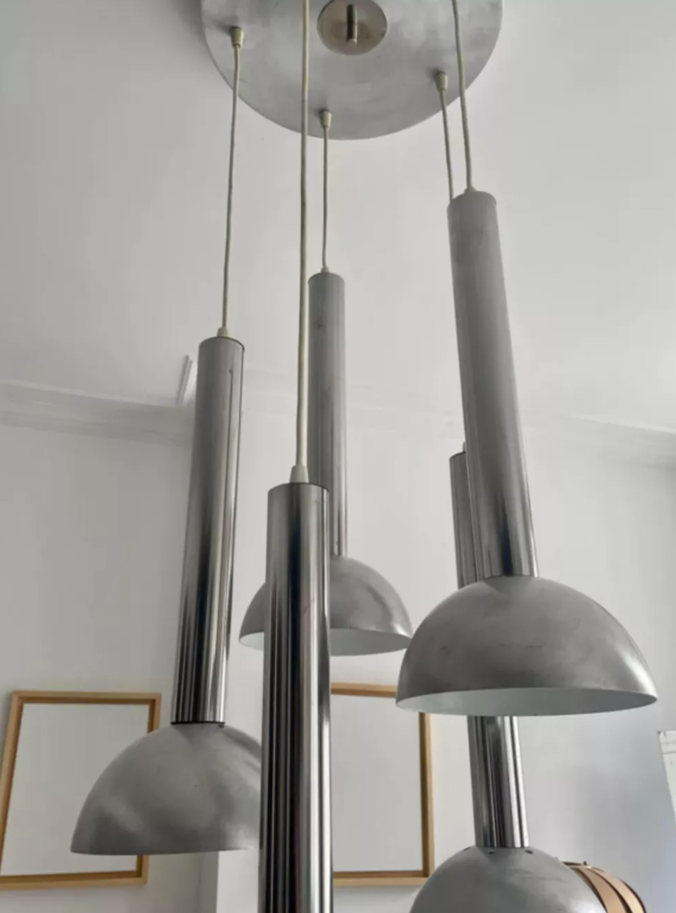 Vintage pendant lamp, chromed and brushed metal, France 1970