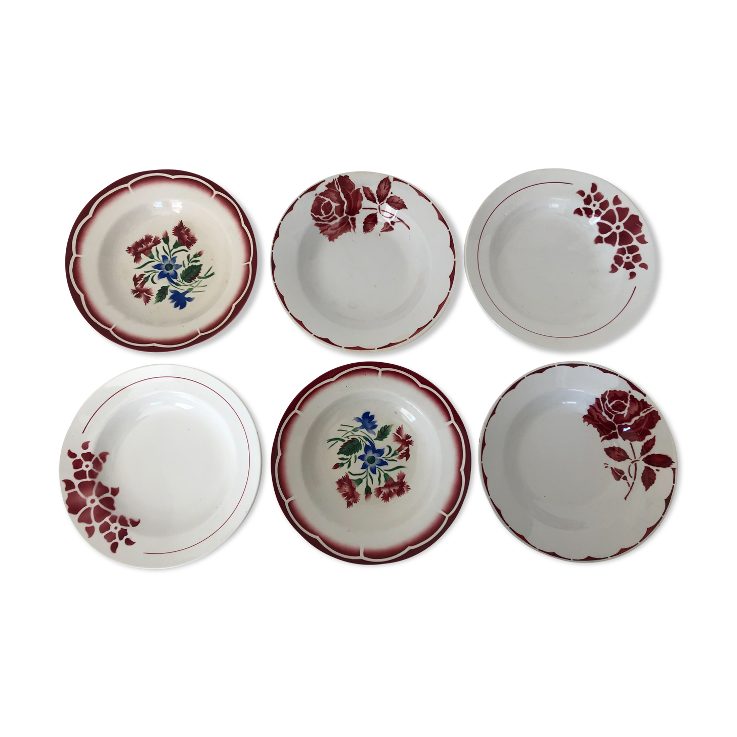 6 vintage faience plates mismatched