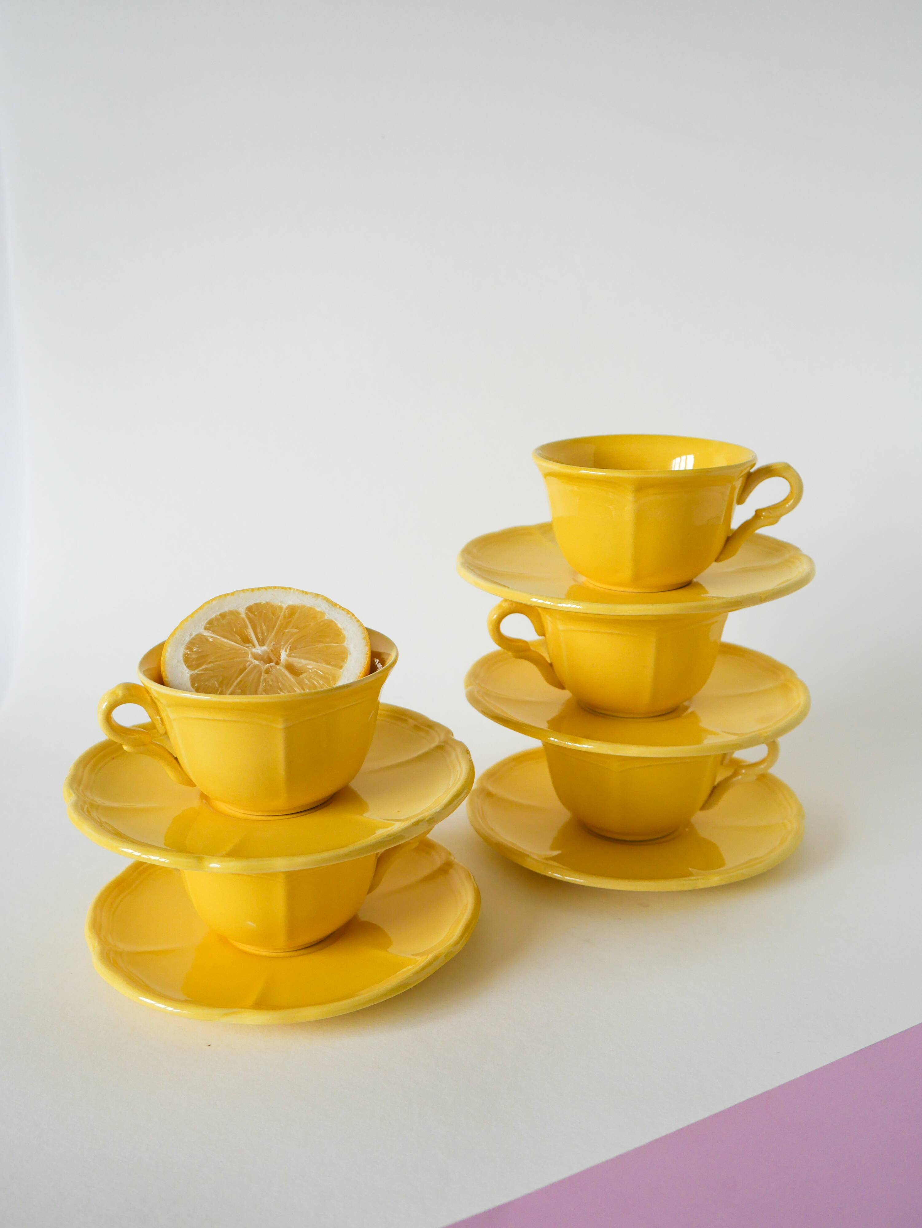 Set of 5 Badonviller lemon yellow cups and saucers, 1960