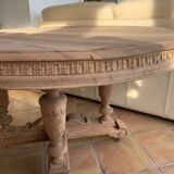 Oval solid walnut dining table on central leg with 4 extensions, 12/15 people