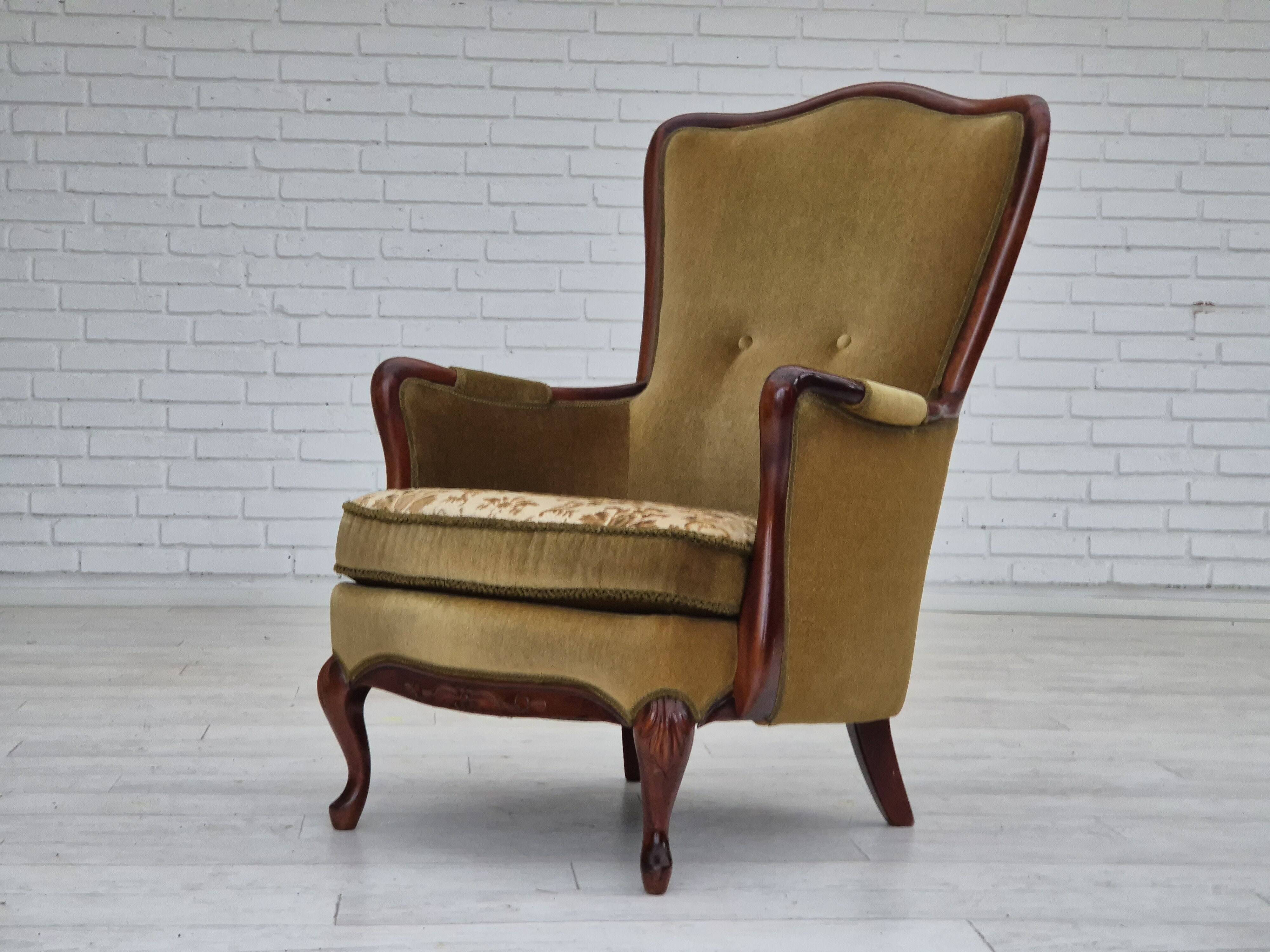 1950s, Danish highback armchair, original upholstery, green velour.