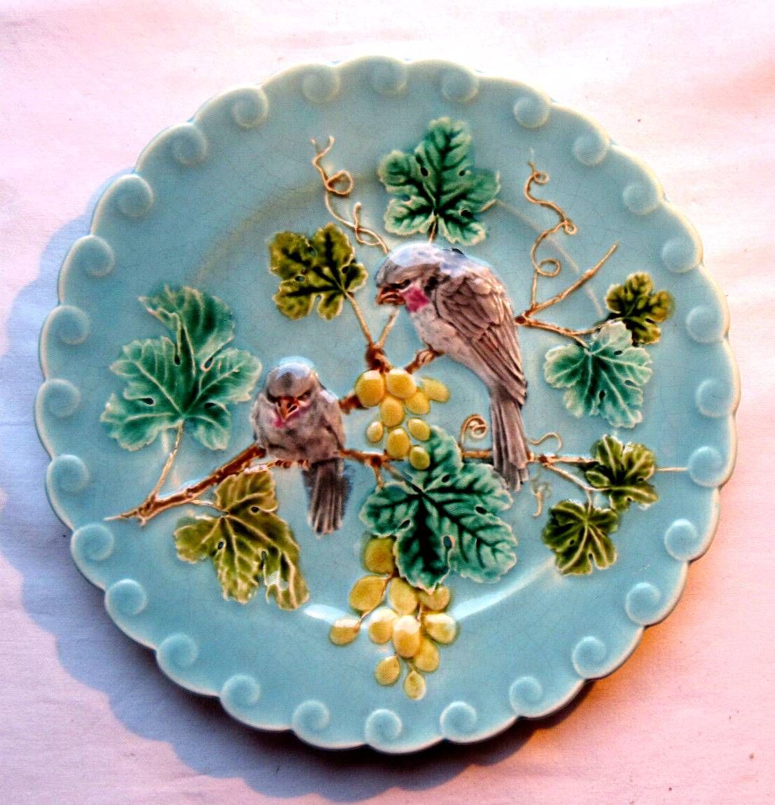 Art Deco Sarreguemines blue slip plate: 2 Birds pecking grapes
