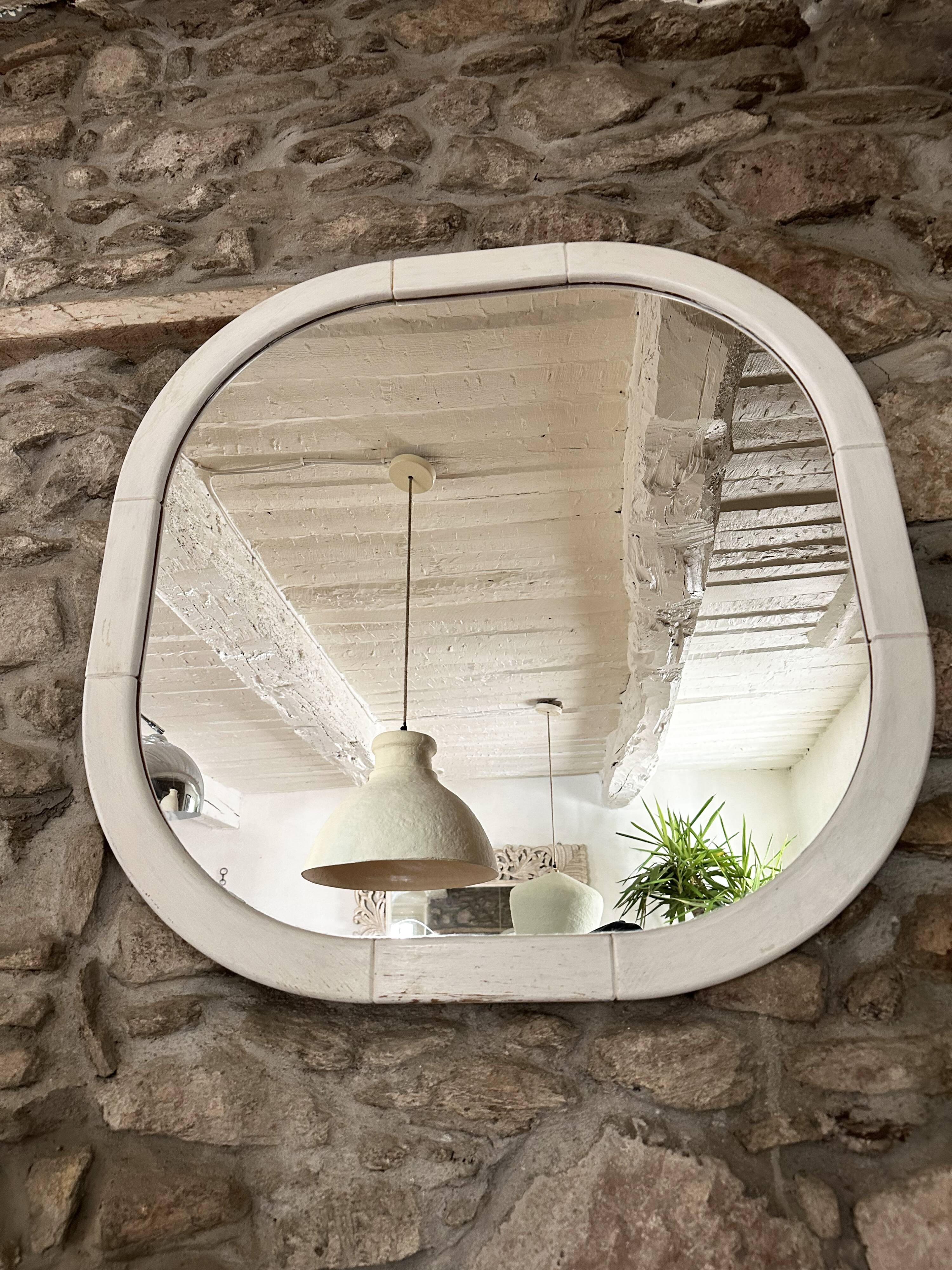 Scandinavian Space Age mirror in patinated white wood, 1970s