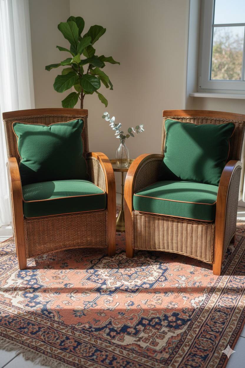 Pair of Club armchairs in ocean liner style, woven rattan and solid wood.