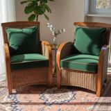 Pair of Club armchairs in ocean liner style, woven rattan and solid wood.